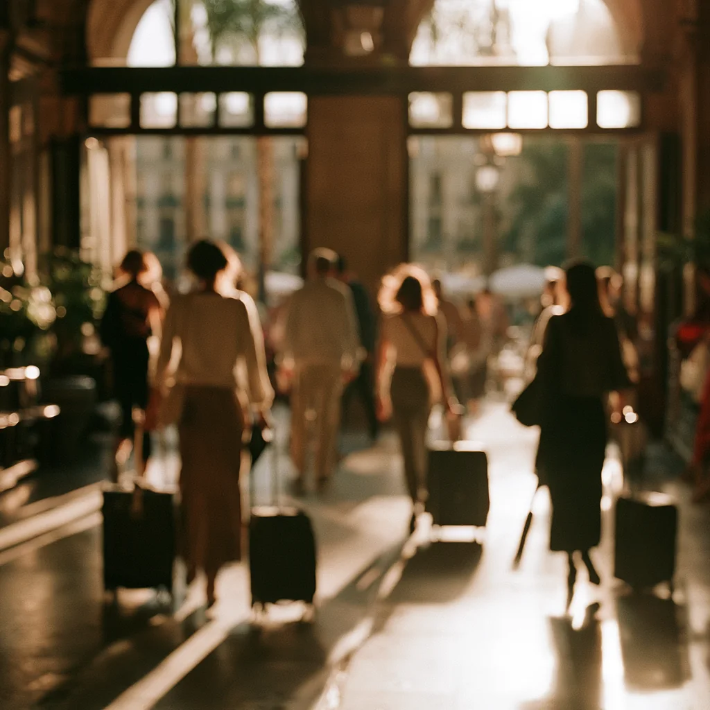 Blurred figures with rolling luggage arriving at a Spanish airport terminal