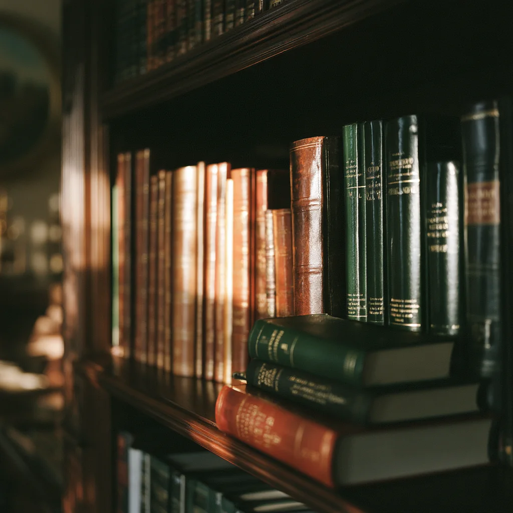 Close view of a bookshelf stacked with Spanish law and travel volumes