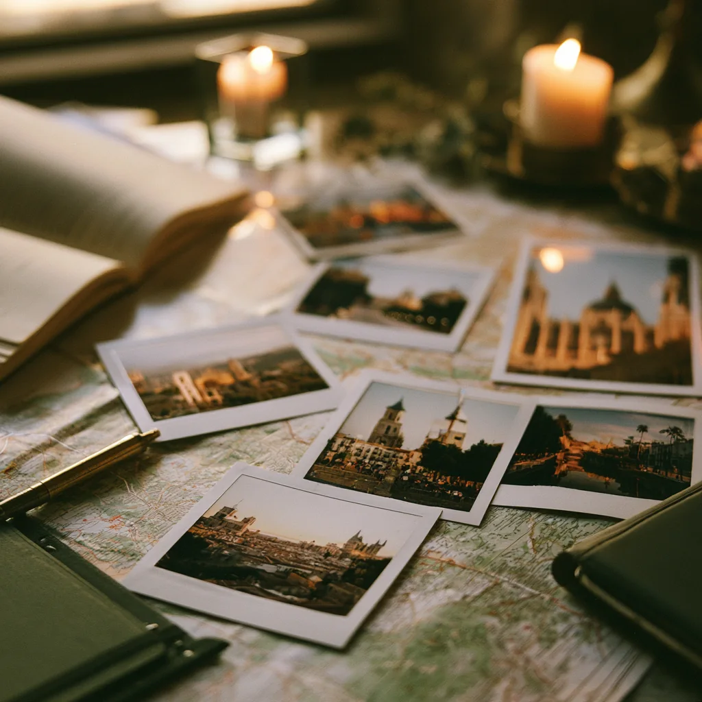 A map and scattered travel photographs of Spanish cities by candlelight
