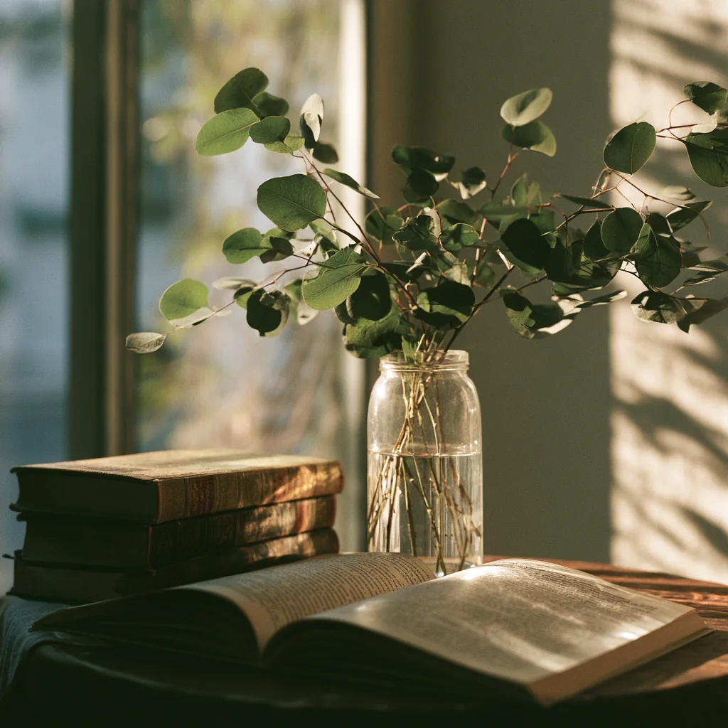 Eucalyptus branches in a vase beside stacked books in soft window light