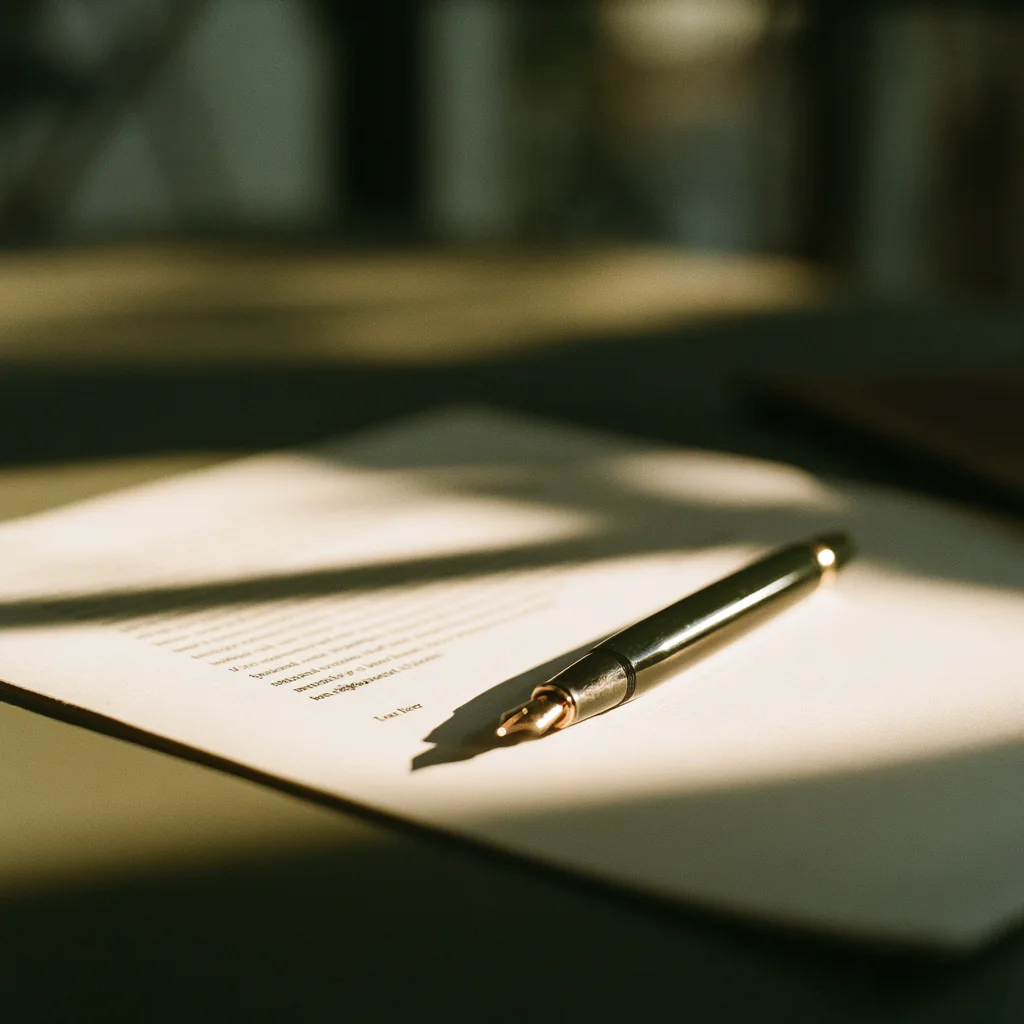 A fountain pen resting on paper in warm light
