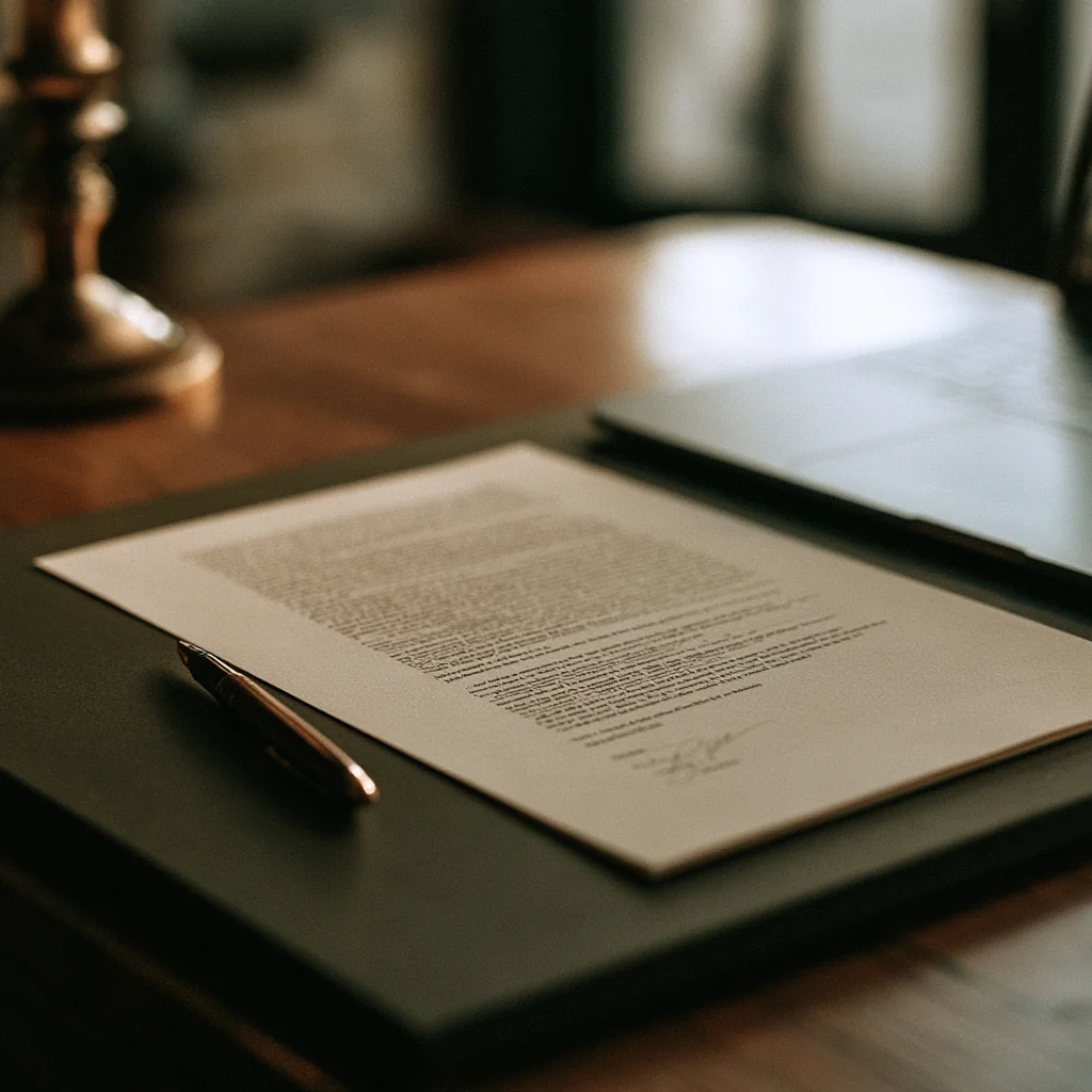 A printed legal letter on a leather portfolio with a pen