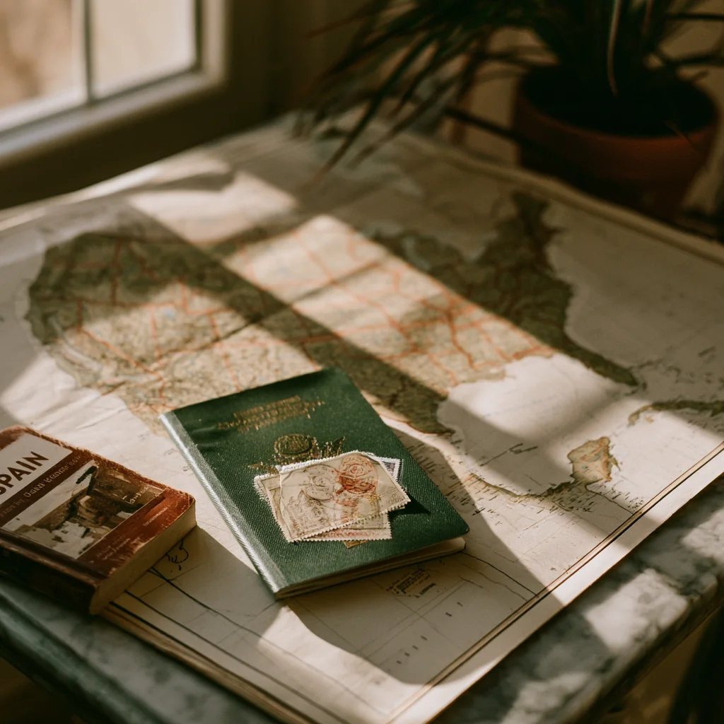 A travel journal, passport and map lit by candlelight