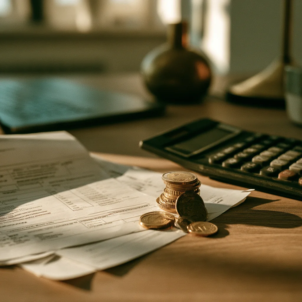 A payslip and calculator with euro coins on a desk