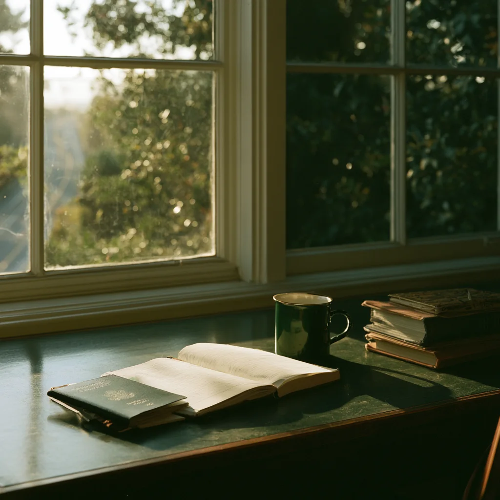 A quiet desk by a window overlooking greenery, with a passport and open notebook
