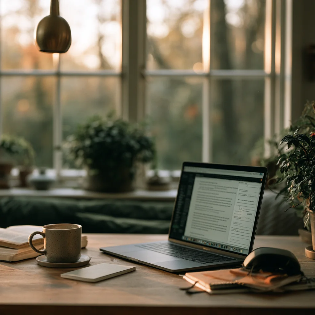 Laptop and coffee on a sunlit windowsill with potted plants