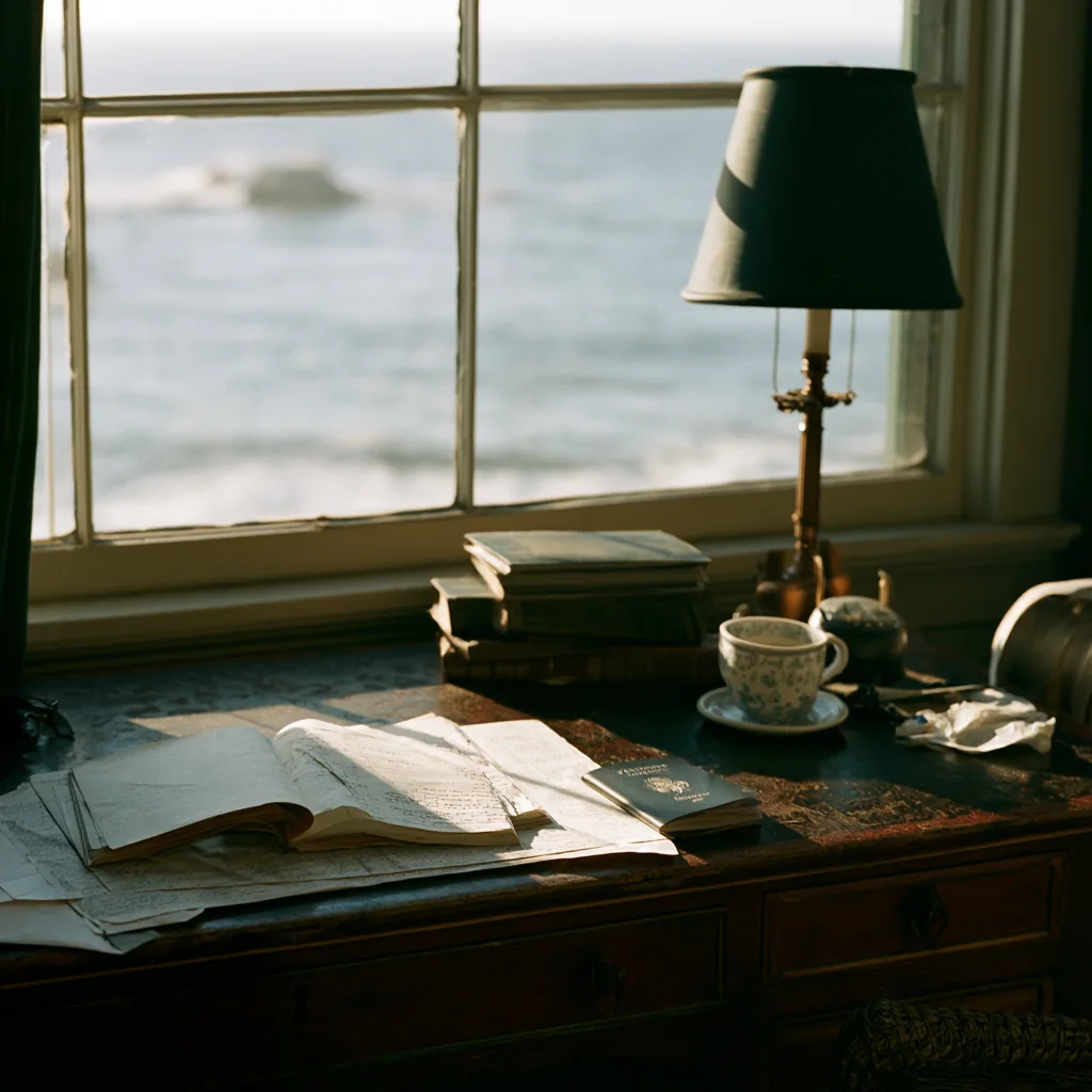 A desk by a window overlooking the sea, with books and a reading lamp