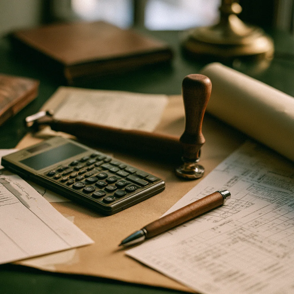 Calculator, stamp and documents laid out like a paperwork toolkit