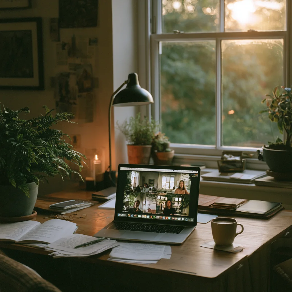 A laptop open to a video call on a plant-filled desk by a window
