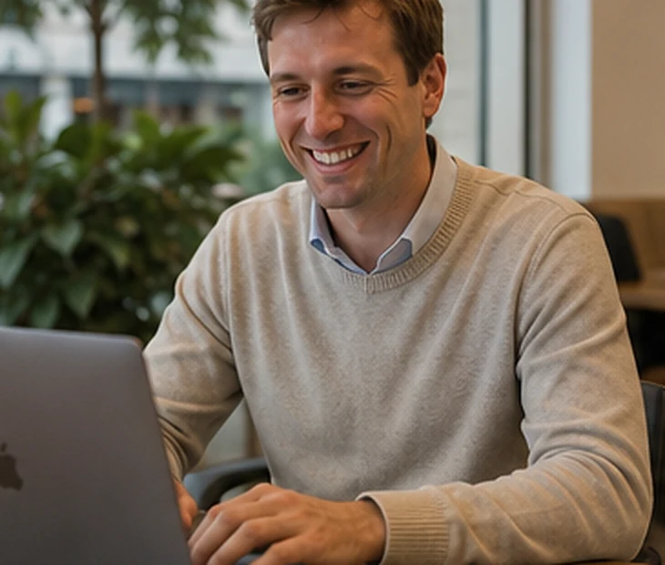Ioritz Uranga Galindo working from a café — the same way his clients do