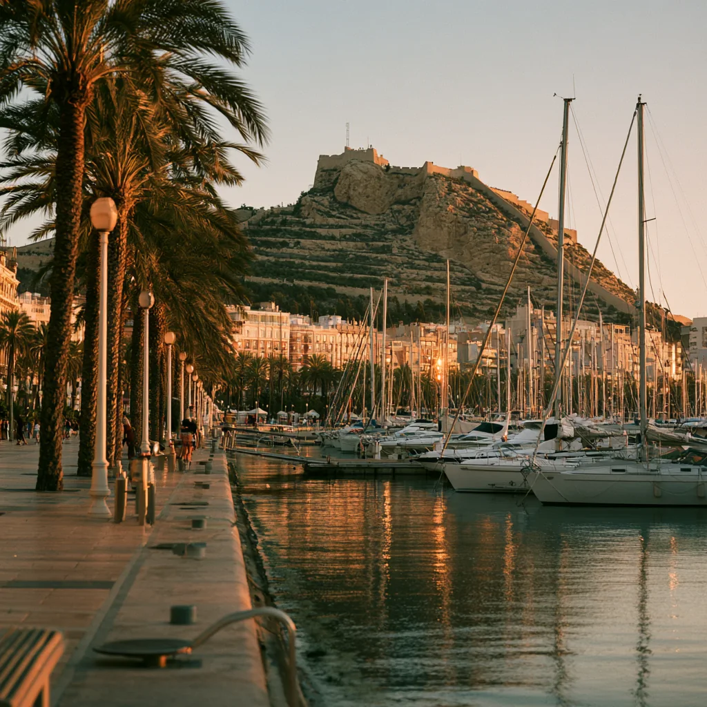 The Explanada de España palm-tree promenade and marina in Alicante