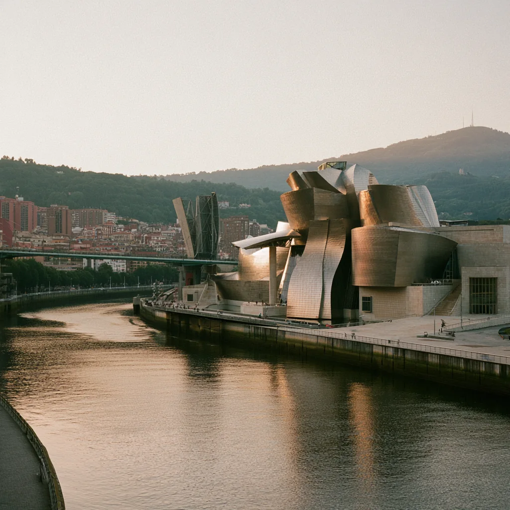 The Guggenheim Museum reflected in the Nervión river, Bilbao