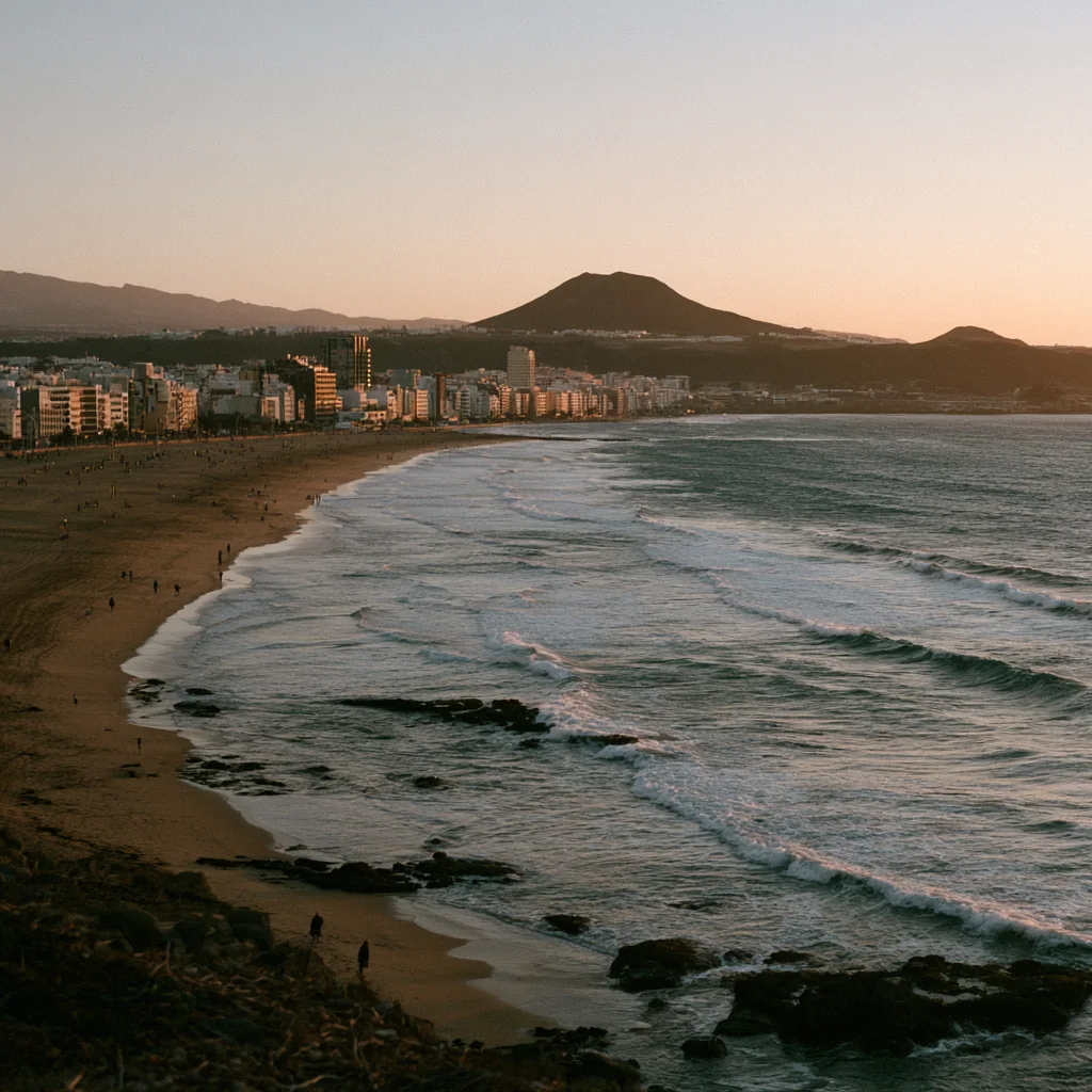 Las Canteras urban beach at dusk in Las Palmas