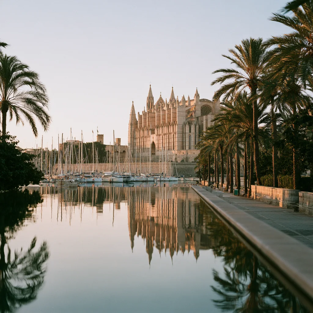 Palma Cathedral reflected in the pool before its marina