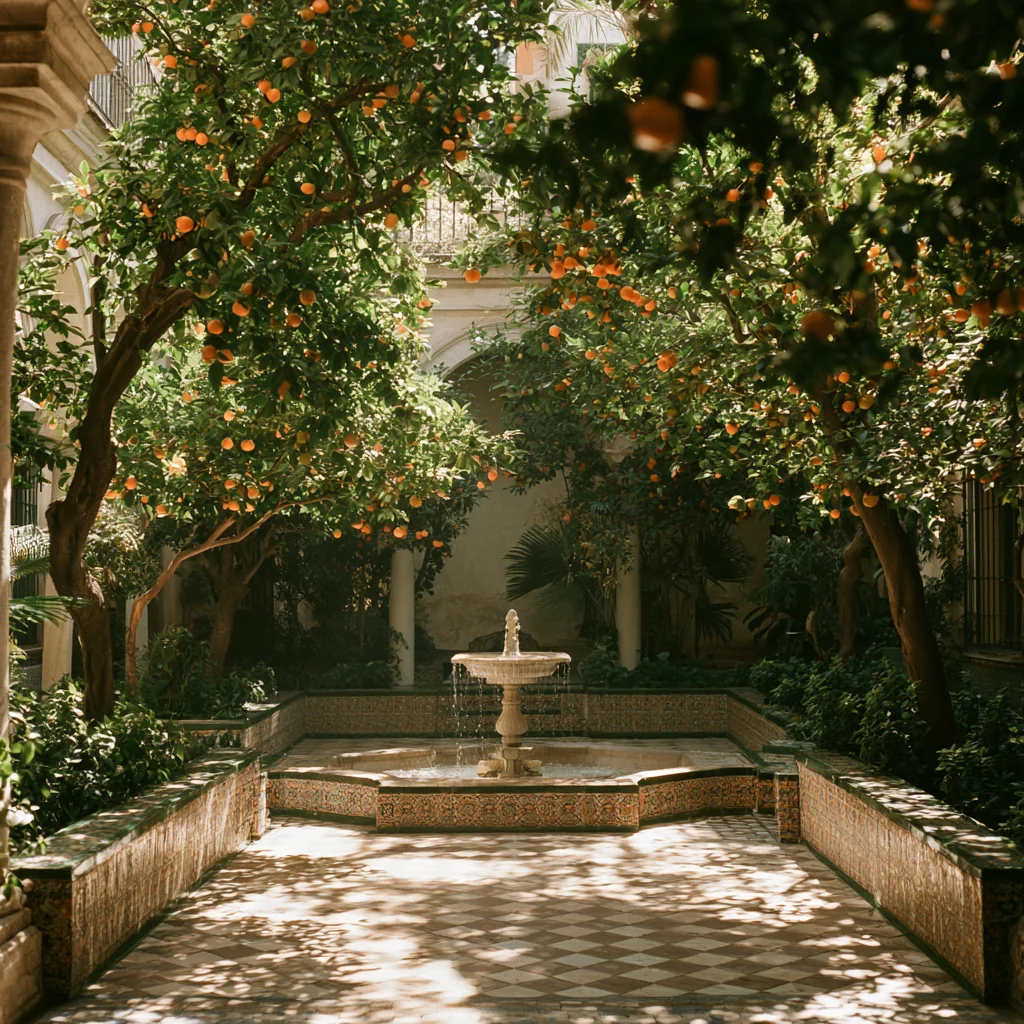 A fountain courtyard lined with orange trees in Seville's Barrio Santa Cruz