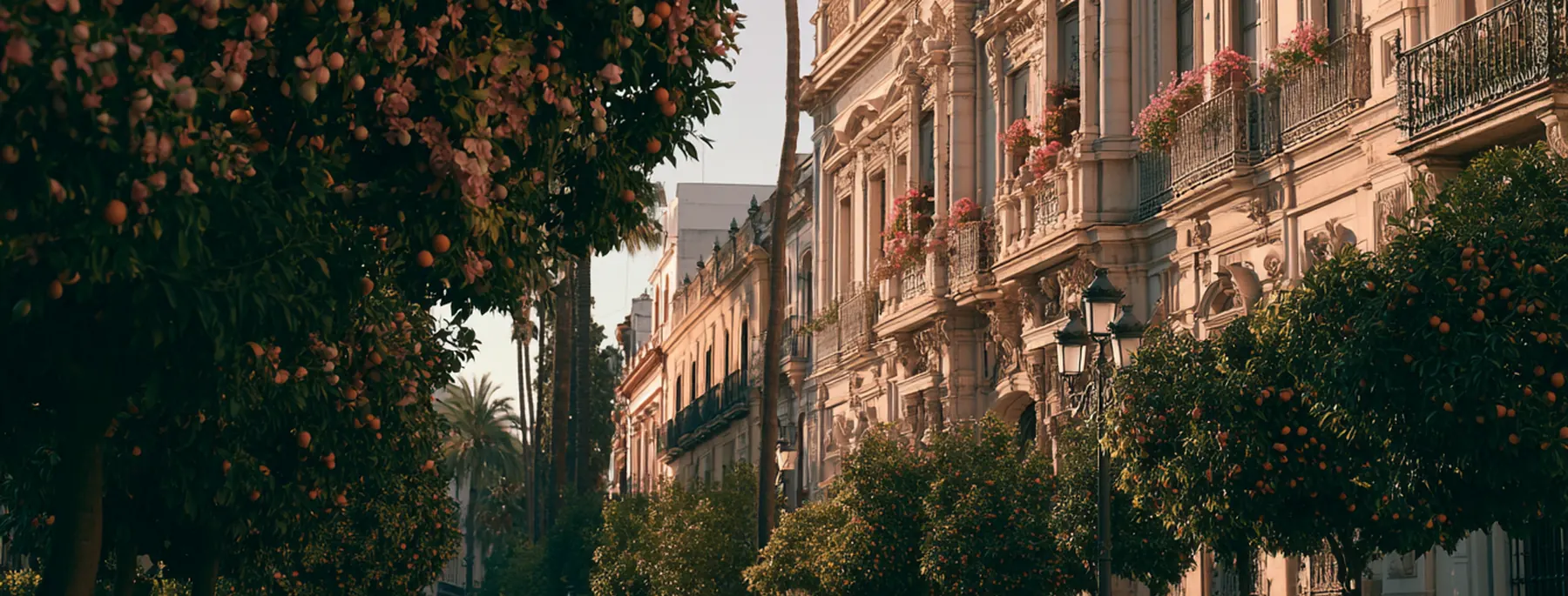 Seville — flowering trees over an old-town street