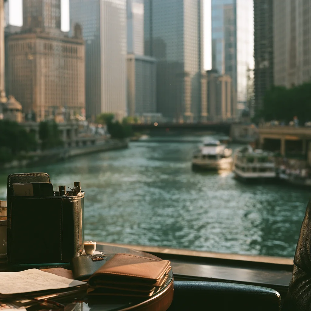 The Chicago river and skyline seen from a desk by the window